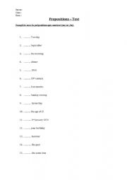 English Worksheet: Prepositions test