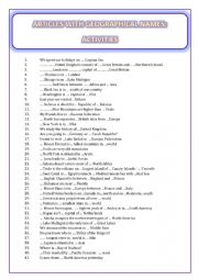 English Worksheet: Articles with geographical names: activities