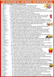 English Worksheet: Foods and drinks: definition matching with KEY