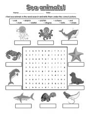 English Worksheet: Sea animals word search