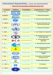 English Worksheet: INTERNATIONAL ORGANIZATIONS