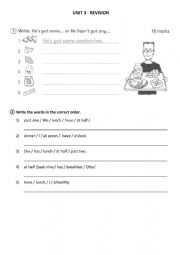 English Worksheet: revision Happy street 2 Unit 3: some, any, telling the time, does/doesn�t like, food