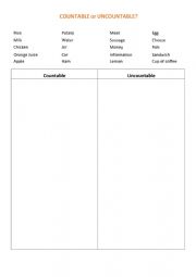 English Worksheet: Countable and uncountable nouns