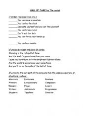 English Worksheet: can - Hall of fame song