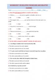 Worksheet on Relative Pronouns and Relative Clauses