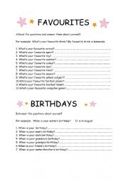 English Worksheet:   FAVOURITES AND BIRTHDAYS 
