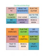 FREE TIME ACTIVITIES BINGO