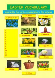 English Worksheet: EASTER VOCABULARY 5 - unscramble the words under the pictures (key included)