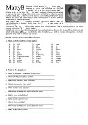 English Worksheet: Matty B  YouTube Superstar