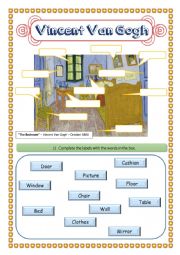 English Worksheet: Van Gogh - Furniture - There is / are. Prepositions of Place.