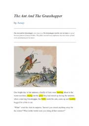 Reading exercise with Aesop�s Fable The Ant And The Grasshopper