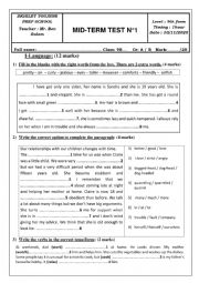 English Worksheet: 9th form mid-term test 1 2020-2021 