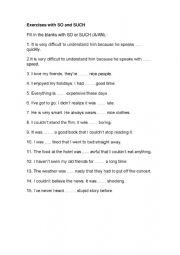 English Worksheet: excersise with so and such