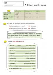English Worksheet: A lot of, much, many