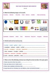 English Worksheet: NEW YEAR VOCABULARY AND RELATED ACTIVITIES