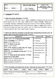 English Worksheet: END OF TERM EXAM N1 // 7TH FORM // TUNISIAN PREP SCHOOL