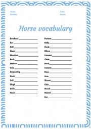 English Worksheet: Body Parts of the Horse