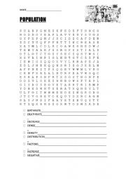 English Worksheet: Population Key Terms Wordsearch