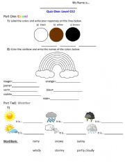 English Worksheet: Colors, Weather, Animals, Nationalities, and Emotions Quiz