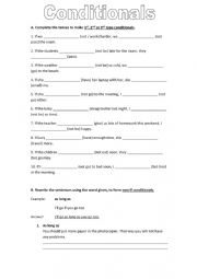English Worksheet: Conditionals (types 1, 2 ,3 -  non-if conditionals - mixed conditionals)