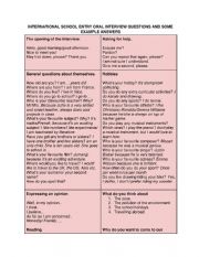 English Worksheet: Oral Interview for International School Exams Prep Questions