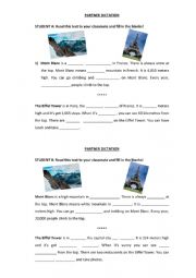 English Worksheet: Partner Dictation. Landscape and Comparatives. Large Numbers.