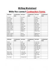 Write the contractions WORKSHEET
