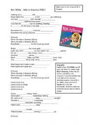 English Worksheet: Kim Wilde - Kids in America (1981) - Listening Comprehension