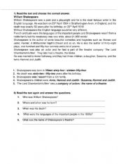 English worksheet: Shakespeare�s life