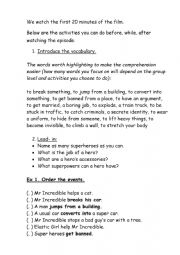 English Worksheet: The Incredibles cartoon (first 20min)