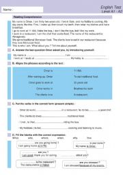 English Worksheet: A1 - A2 english Test 