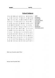 English Worksheet: School Subjects word search
