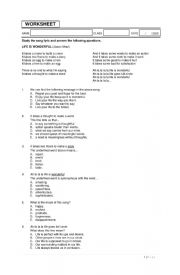 English Worksheet: SONG WORKSHEET