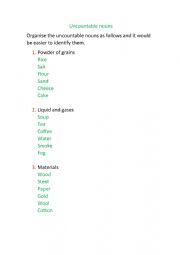 English Worksheet: uncountable nouns list