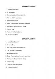 English Worksheet: Grammar Auction for elementary level A1