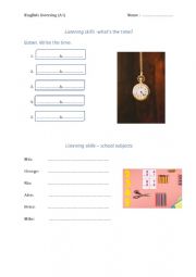 English Worksheet: Easy listening - what�s the time + school subject
