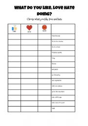 English Worksheet: Love, like, hate + ING