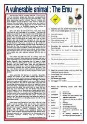 English Worksheet: A vulnerable animal: the emu. READING + questions + KEY 