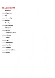 English Worksheet: Prepositions In, On, At 