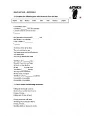 English Worksheet: JAMES ARTHUR SONG IMPOSSIBLE WORKSHEET