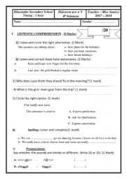 English Worksheet: mid term test for 3rd formers