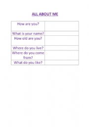 English Worksheet: ALL ABOUT ME FACTSHEET INTRODUCTION