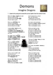 English Worksheet: Demons, by Imagine Dragons
