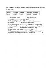 English Worksheet: Prefixes pre, re, un