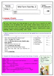 mid-term test No.2 for 7th formers Tunisian school