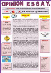 English Worksheet: Opinion essay - For or against drones? - Guided writing + Example.