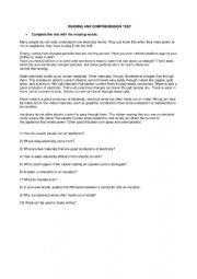 English Worksheet: electricity comprehension