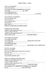 English Worksheet: Hall of Fame - Song Lyrics Gap Filling 