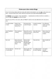 English Worksheet: Know your Classmates Bingo