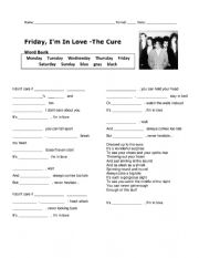 English Worksheet: CLOZE activity �Friday I�m in Love